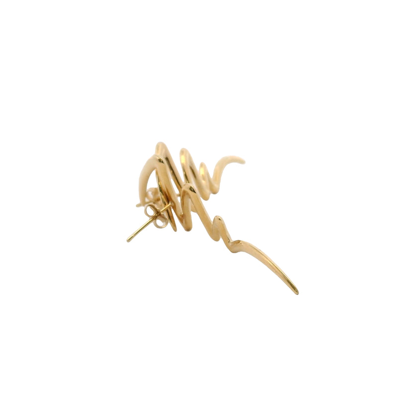 Solid 14kt Yellow Gold Zig-Zag Brushstroke Long Stud Earrings