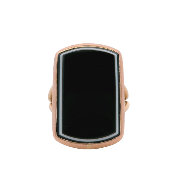 Antique Late Victorian Flat-Top Onyx Banded Black and White Cocktail Ring Size 5.5