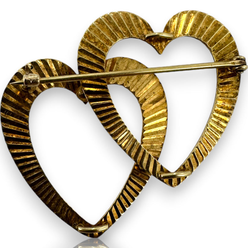 Krementz Vintage 1930-50s Retro Era Double Heart Brooch Pin with Sunburst Pattern