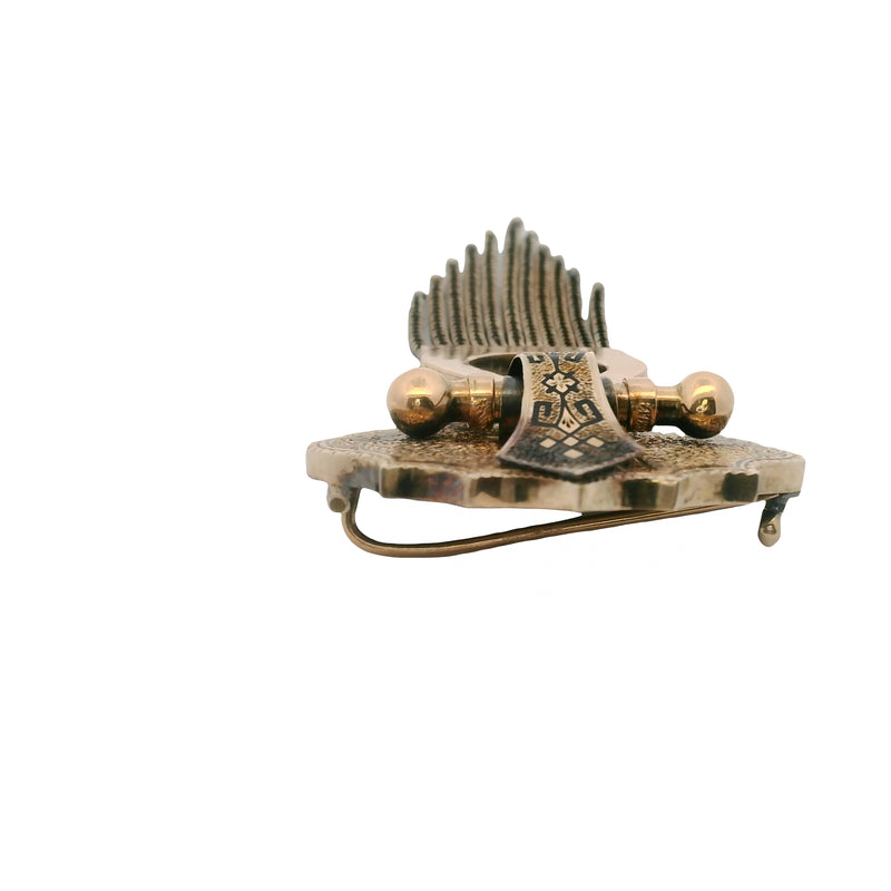 1860-1890s Victorian 10kt Yellow Gold Taille d’Epargné Black Enamel Doorknocker Tassel Brooch with Original C Clasp