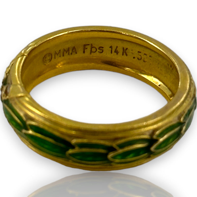 Metropolitan Museum of Art Forbes Collection 14kt Yellow Gold and Green Guilloche Enamel Ring Band With Diamond X