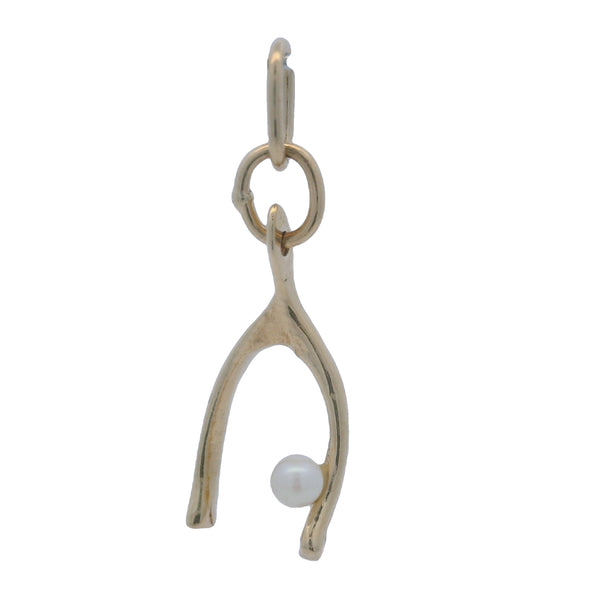 Vintage 14kt Yellow Gold Good Luck Wishbone Charm Pendant With Cultured Pearl