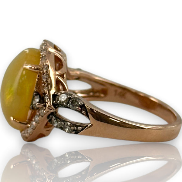 LeVian Solid 14kt Rose Strawberry Gold Ring with Cabochon Fire Opal and Diamond Halo and Accents Size 7