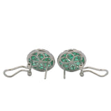 Solid 14kt White Gold Omega-Back Emerald and Diamond Checkerboard Pattern 15mm Earrings