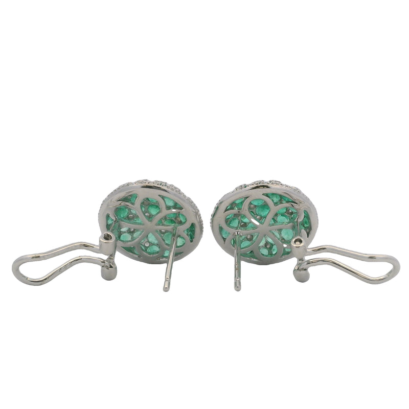 Solid 14kt White Gold Omega-Back Emerald and Diamond Checkerboard Pattern 15mm Earrings