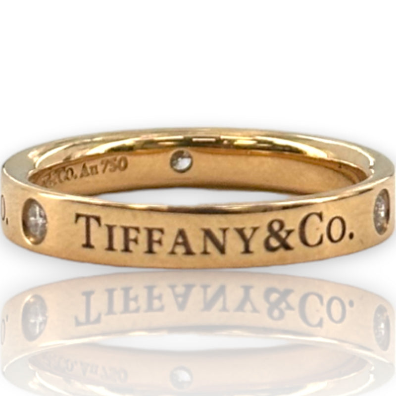 Tiffany & Co 18kt Rose Gold Band Ring with Tiffany Logo and 3 Round Brilliant Diamonds Size 5.5