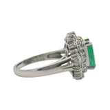 Vintage Platinum Cocktail Ring Center Bright Green Emerald Diamond Halo Size 6