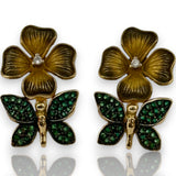 14kt Solid Yellow Gold Flower and Green Butterfly Snap Closure Stud Earrings with CZ Cubic Zirconia Stones