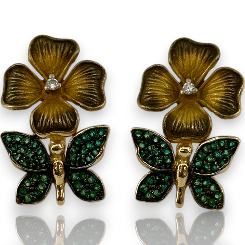 14kt Solid Yellow Gold Flower and Green Butterfly Snap Closure Stud Earrings with CZ Cubic Zirconia Stones