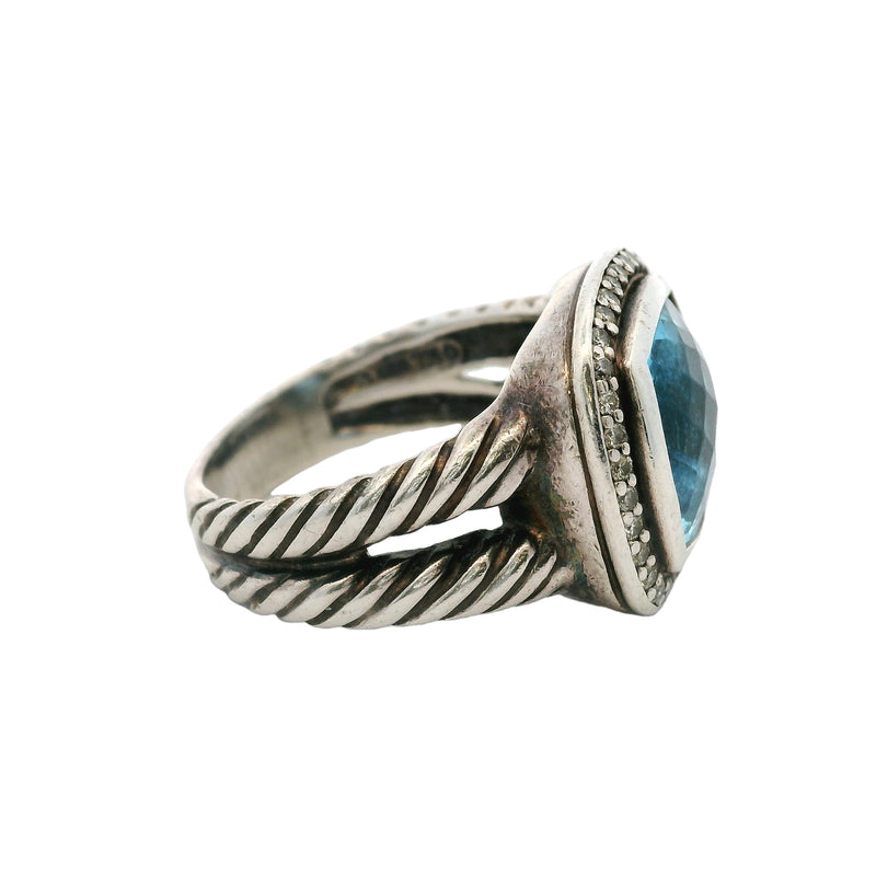 David Yurman 925 Sterling Silver Blue Topaz and Diamond Halo 16mm Wide Albion Ring Size 7.5