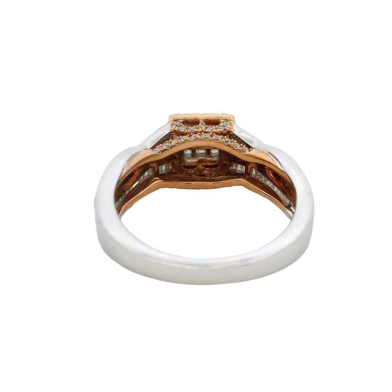 Solid 14kt White and Rose Gold Princess Cut Diamond Cluster Ring with Halo and Accent Band Size 7