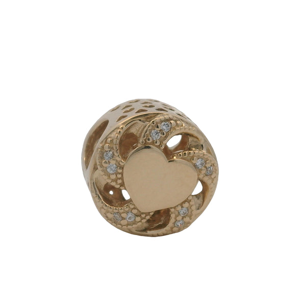 Charm Pandora de corazón con lazo en oro amarillo macizo de 14 kt y circonitas cúbicas