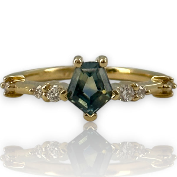 14kt Solid Yellow Gold Ring With Hexagon-Cut Montana Sapphire and Diamond Accents Size 6