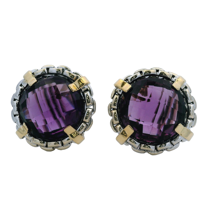 Italian14kt Yellow and White Gold Chain Pattern 22mm Large Amethyst Omega-Back Earrings