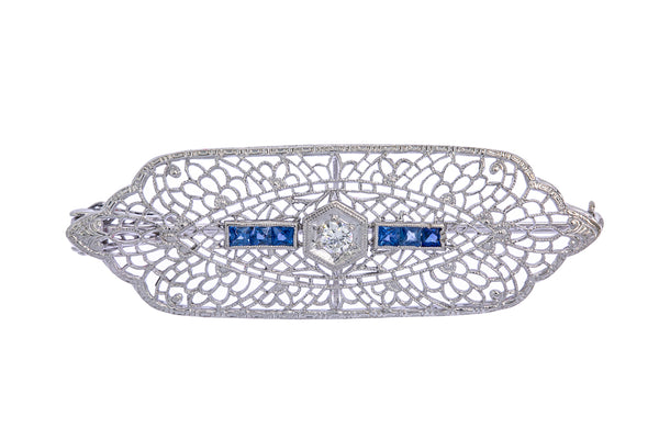 Antique 1920s Art Deco Diamond & French Cut Sapphire Filigree Lapel Pin Solid 18K 750 White Gold 2" Brooch