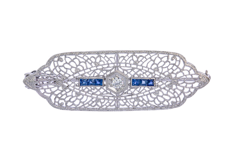 Antique 1920s Art Deco Diamond & French Cut Sapphire Filigree Lapel Pin Solid 18K 750 White Gold 2" Brooch