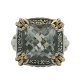 Solid 925 Sterling and 14kt Yellow Gold Prasiolite Diamond Cocktail Ring Size 7