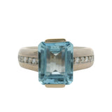 Vintage Solid 18kt White Gold Emerald Cut 2.64ct Blue Topaz and Diamond Cocktail Ring Size 6