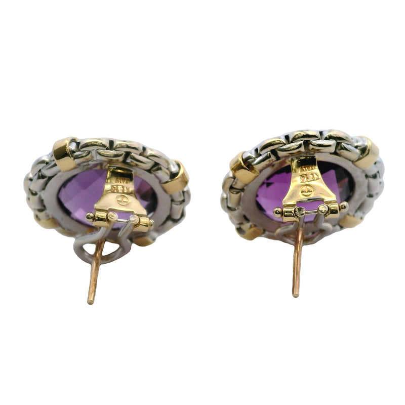 Italian14kt Yellow and White Gold Chain Pattern 22mm Large Amethyst Omega-Back Earrings