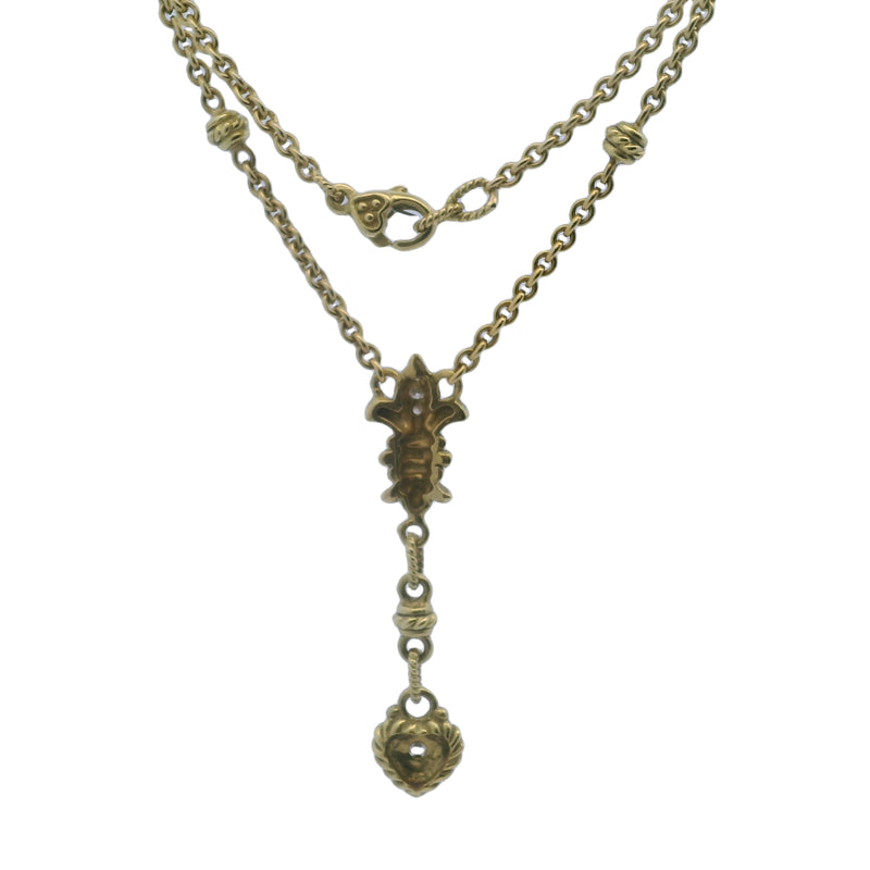 Solid 18kt Yellow Gold and Diamond Fleur-de-lis Heart Drop Pendant 15" Knots Necklace