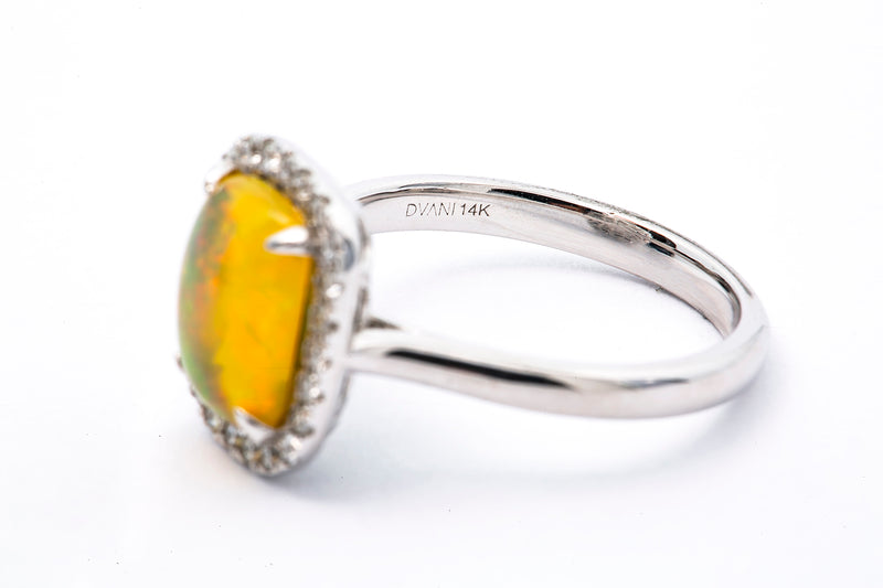 DVANI Jewelry Solid 14kt White Gold and Ethiopian Welo Jelly Opal Cabochon Cocktail Ring with Halo of Diamonds Size 6.5