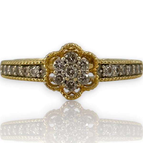 VJS Jewelry Solid 18kt Bright Yellow Gold Filigree Diamond Cluster Flower Ring with Diamond Sides Size 7