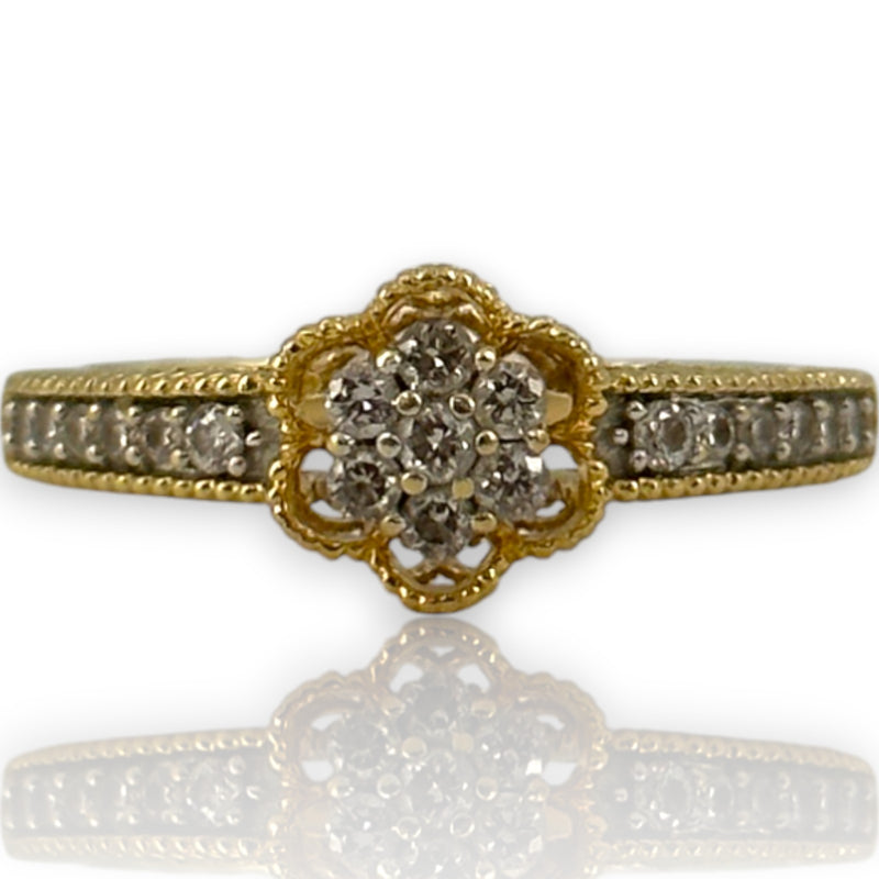 VJS Jewelry Solid 18kt Bright Yellow Gold Filigree Diamond Cluster Flower Ring with Diamond Sides Size 7