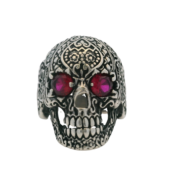 925 Sterling Silver Sugar Skull Skeleton Floral Ring with Lab Ruby Eyes Size 11