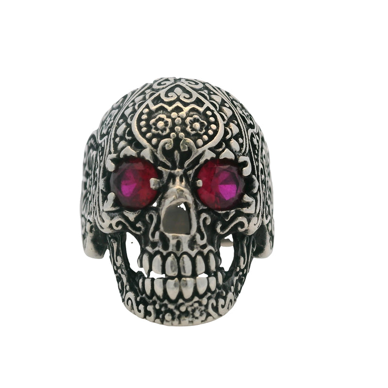 925 Sterling Silver Sugar Skull Skeleton Floral Ring with Lab Ruby Eyes Size 11
