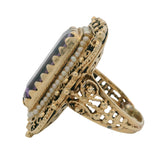 Vintage 1970-80s Victorian Revival Amethyst and Pearl Intricate Cocktail Statement Ring Size 5.5