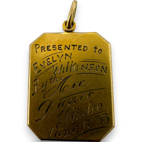 Antique 1933 10k Yellow Gold Tag Award Pendant from the Ace Dance Studio Charm