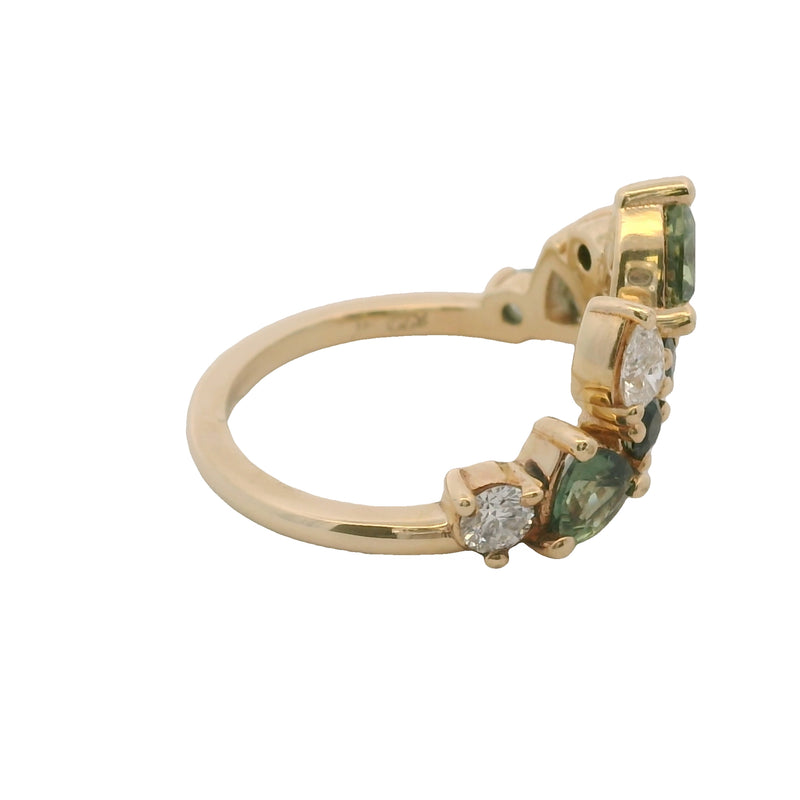 14kt Yellow Gold Blue and Green Sapphires and Diamond Chevron Crown Ring