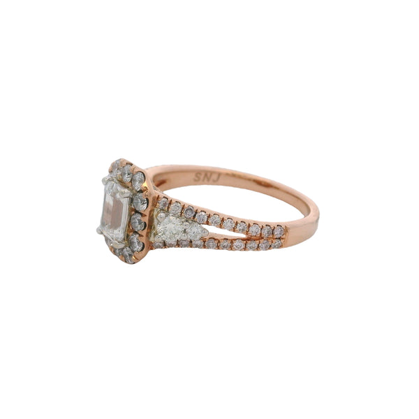14kt Rose Gold and Emerald-Cut CZ Center Ring With Diamond Halo and Band Size 7