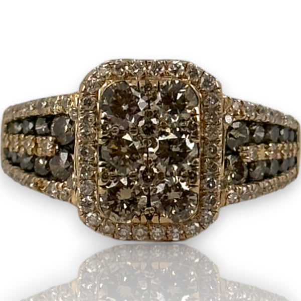 Tasha R Jewelry Solid 14kt Rose Gold Rectangular 1.41ctw Diamond Cluster Ring with White, Yellow, and Brown Diamonds Size 7