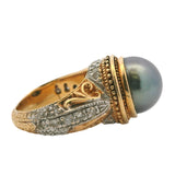 Vintage Solid 14kt 2 Tone Gold Tahitian Pearl Cocktail Ring with Accent Diamonds Size 5