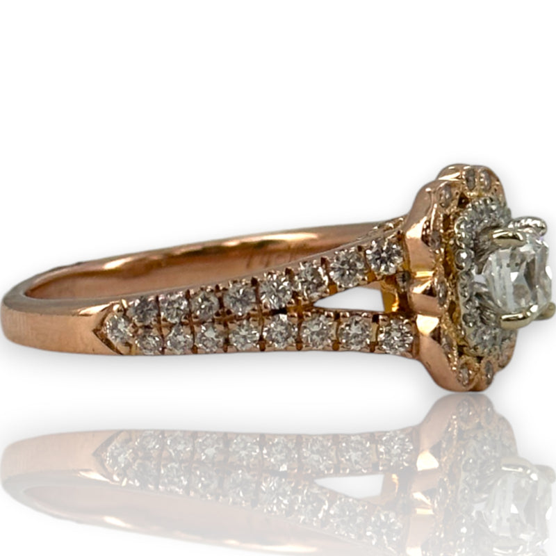 Neil Lane Retired Solid 14kt Rose Gold Cushion Cut Prong Set Diamond Engagement Ring with Double Halo and Diamond Split Sides Size 8.5
