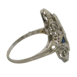 Antique 1920s Art Deco Solid 18kt White Gold 0.29ctw Diamond and Lab Sapphire Filigree Dinner Ring Size 6.5