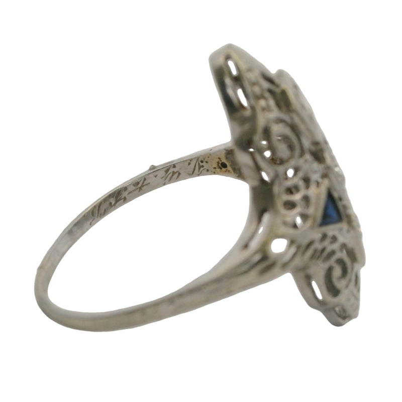 Antique 1920s Art Deco Solid 18kt White Gold 0.29ctw Diamond and Lab Sapphire Filigree Dinner Ring Size 6.5
