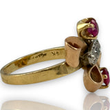 Retro 1930-40s Gochman & Held Solid 14kt Rose, Yellow, and White Gold Cocktail Ring with Old Mine Cut Diamonds and Lab Rubies Size 6