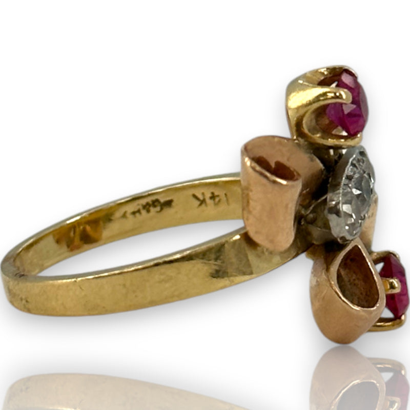 Retro 1930-40s Gochman & Held Solid 14kt Rose, Yellow, and White Gold Cocktail Ring with Old Mine Cut Diamonds and Lab Rubies Size 6