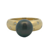 Solid 18kt Yellow Gold 8.5mm Tahitian Pearl Solitaire Ring with 6 Diamond Accents Size 5