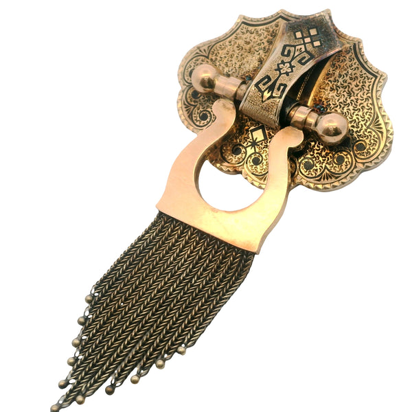 1860-1890s Victorian 10kt Yellow Gold Taille d’Epargné Black Enamel Doorknocker Tassel Brooch with Original C Clasp