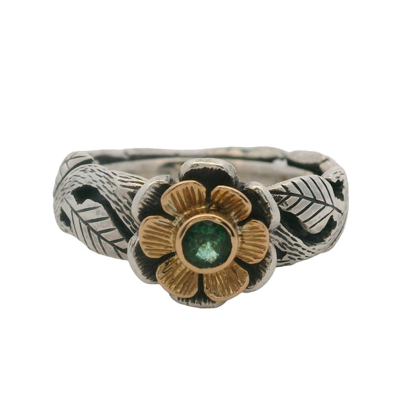 Anillo de hoja de flor en plata de ley 925 y oro amarillo de 18 kt con esmeralda central, talla 5