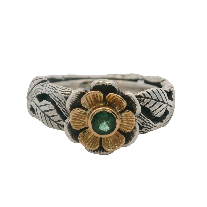 Anillo de hoja de flor en plata de ley 925 y oro amarillo de 18 kt con esmeralda central, talla 5