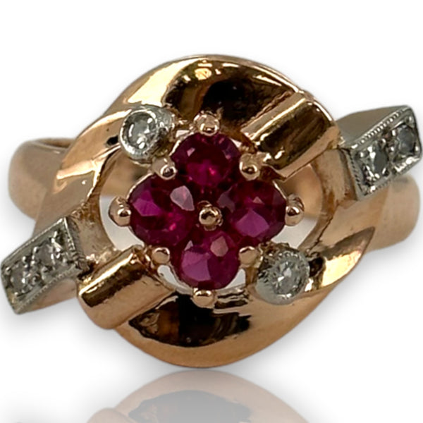 Vintage Retro Era 1940-50s 14kt Solid Rose Gold Cocktail Ring with Lab-Grown Rubies and Diamonds Size 7