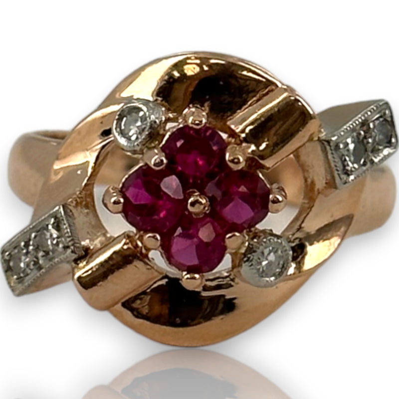 Vintage Retro Era 1940-50s 14kt Solid Rose Gold Cocktail Ring with Lab-Grown Rubies and Diamonds Size 7