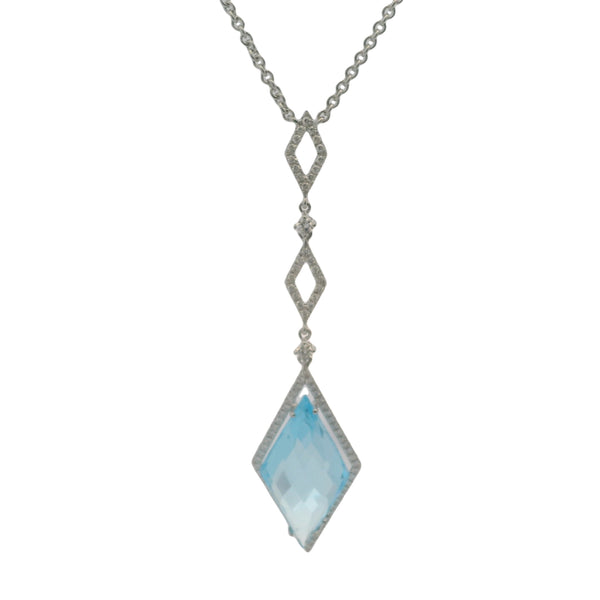 Solid 18kt White Gold Deco-Inspired 16ct Blue Topaz 2.6" Drop Pendant 16" Necklace with Diamond Stations, Halo, and Accents