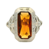 Antique 1920s Solid 10kt White Gold Orange Citrine Solitaire Filigree Ring Size 7