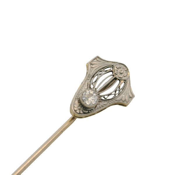 Antique 1890-1910 Solid 14kt Two-Tone Gold and Old European Cut Diamond Filigree Stick Lapel Pin