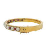Antique Victorian Solid 18kt Yellow Gold Hinged 6.5" Bangle with Pearls, Rubies, and Diamonds